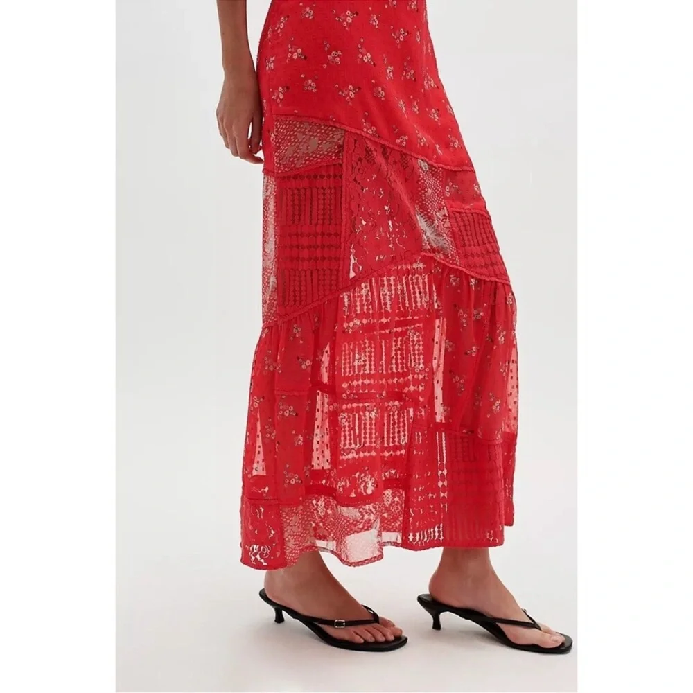 Free People Daniella Lace Maxi Skirt Sheer Floral Printed Lace Tiered red XS